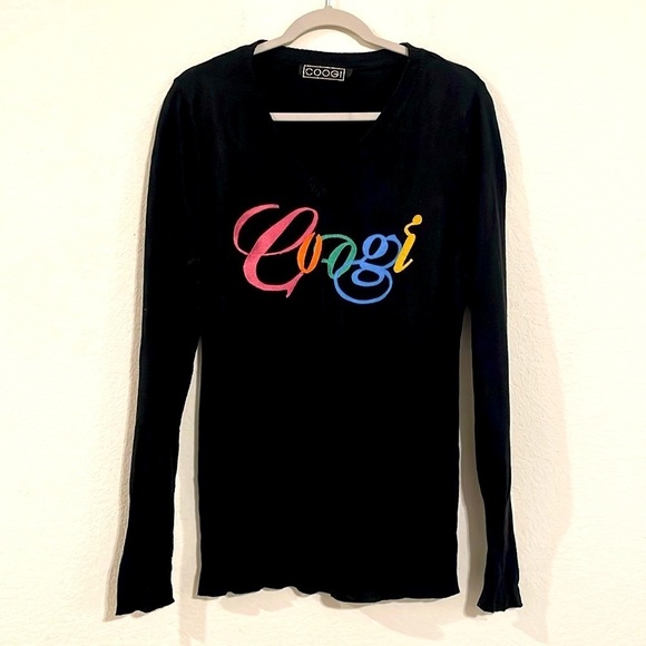 Coogi Women's V-Neck Sweater 1X Black Colorful Embroidered Logo Colorblock - Picture 1 of 13